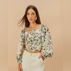 FARM Rio White Floral Eyelet Cropped Blouse with Multicolor Embroidery